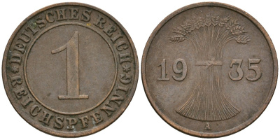 Германия 1 рейхспфенниг 1935 A KM 37, J. 313 бронза 4528-421