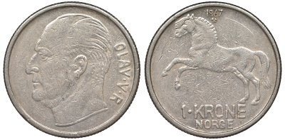 Норвегия 1 крона 1967 лошадь KM 409 медно-никель 25-2134