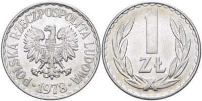 ПОЛЬША 1 ЗЛОТЫЙ 1978 КРЕМНИЦА KM 49.1, Parchimowicz 213r алюминий UNC 216-833