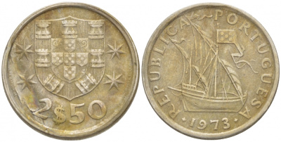 ПОРТУГАЛИЯ 2,5 ЭСКУДО 1973 ПАРУСНИК KM 590 медно-никель 3718-317