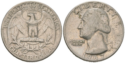 США 25 центов (квотер) 1967 Вашингтон KM 164a медь плакированная медно-никелем 4604-1154