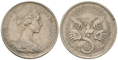 Австралия 5 центов 1976 Елизавета II (1952-2022), ехидна KM 64 медно-никель 4668-1163