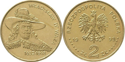 Польша 2 злотых 1999 MW, серия Польские короли, Владислав IV Ваза (1632-1648) KM 368 нордик UNC 4521-724
