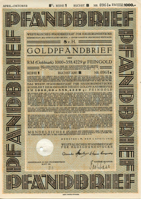 Германия 1000 золотых марок 1928 Вестфальское бюро залога жилой недвижимости, облигация   бумага   8803-138-1