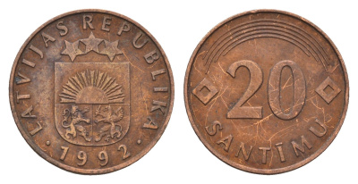 Латвия 20 сантимов 1992 KM 22.1 никель латунь 105-916