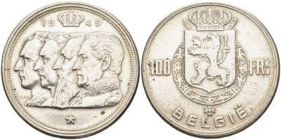 Бельгия 100 франков 1949 Belgie, королевская династия KM 139.1 серебро    4168-125