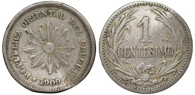 Уругвай 1 сентесимо 1909 KM 19 медно-никель 4169-564