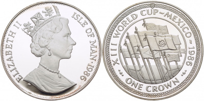 Остров Мэн 1 крона 1986 чемпионат мира по футболу 1986 года в Мексике, флаги стран участников КМ 165b серебро PROOF 1081-1-54