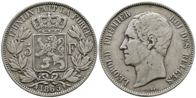 Бельгия 5 франков 1865 Леопольд I (1831-1865) KM 17 серебро 00-1067-5-64