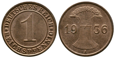 Германия 1 рейхспфенниг 1936 A KM 37, J. 313 бронза 220-152