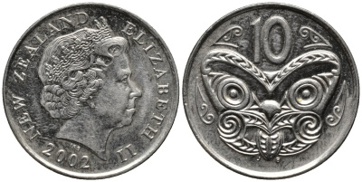 Новая Зеландия 10 центов 2002 Елизавета II (1952-2022), маска маори KM 117 медно-никель 4579-1011