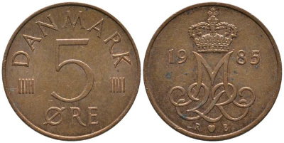 ДАНИЯ 5 ЭРЕ 1985 R; B, МАРГРЕТЕ II (1972-) KM 859.3 железо плакированное медью 116-165