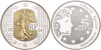 Франция 5 евро 2004 сеятель, золотая вставка, тираж 3000 экз.  биметалл  PROOF  00-807-52