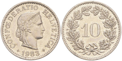 ШВЕЙЦАРИЯ 10 РАППЕНОВ 1983 KM 27 медно-никель 55-524