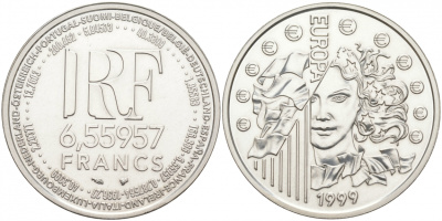 Франция 1 евро = 6,55957 франков 1999 страны Евросоюза, введение евро, курс франка к евро KM 1254 серебро UNC 1087-7-65