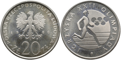 Польша 20 злотых 1980 MW, XXII летние Олимпийские Игры, Москва 1980, бегун KM 108, Parchimowicz 252 медно-никель PROOF 441-915
