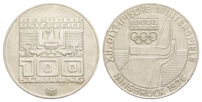 Австрия 100 шиллингов 1976 XII зимние Олимпийские Игры, Инсбрук 1976 KM 2929 серебро BU 118-734