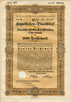 Германия 1000 рейхсмарок 1937 Государственное кредитное учреждение Ольденбурга (Государственный банк), ипотечный залог под залог 4-1/2%, облигация   бумага   8801-74-1