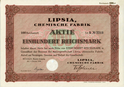 Германия 100 рейхсмарок 1928 АО Липсия, химический завод, акция   бумага   8803-12-1