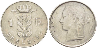 БЕЛЬГИЯ 1 ФРАНК 1973 BELGIE, БОДУЭН I (1951-1993) KM 143.1 медно-никель 213-345