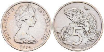 Новая Зеландия 5 центов 1974 Елизавета II (1952-2022), ящерица гаттерия KM 34.1 медно-никель UNC 192-214