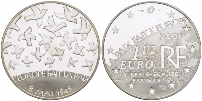 Франция 1 1/2 евро 2005 60 лет мира в Европе, голуби мира КМ 1441 серебро PROOF 01-161-41