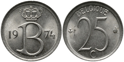 Бельгия 25 сантимов 1974 Belgique, Бодуэн I (1951-1993) KM 153.1 медно-никель 99-425