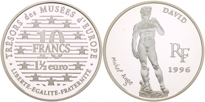 Франция 10 франков = 1 1/2 евро 1996 серия сокровища музеев Европы, Давид работы Микеланджело KM 1146 серебро PROOF 00-00