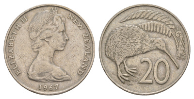 Новая Зеландия 20 центов 1967 Елизавета II (1952-2022), птичка киви KM 36.1 медно-никель 4182-651