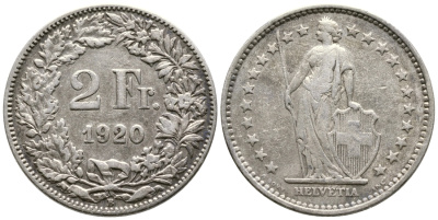 Швейцария 2 франка 1920 В KM 21 серебро 4379-1213