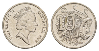 Австралия 10 центов 1988 Елизавета II (1952-2022), птица лирахвост KM 81 медно-никель UNC 4657-153
