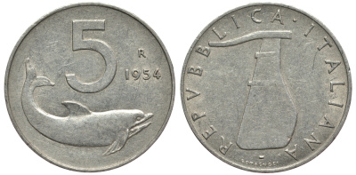 ИТАЛИЯ 5 ЛИР 1954 R, РУЛЬ , ДЕЛЬФИН KM 92 алюминий 4182-117