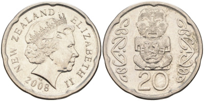 Новая Зеландия 20 центов 2008 Елизавета II (1952-2022), идол Пукаки KM 118а никелированная сталь 4579-1231