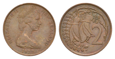 Новая Зеландия 2 цента 1977 Елизавета II (1952-2022), два цветка кохаи KM 32.1 бронза 4178-316