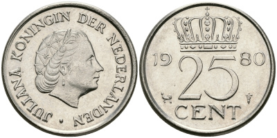 НИДЕРЛАНДЫ 25 ЦЕНТОВ 1980 ЮЛИАНА KM 183 никель 96-256