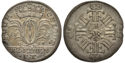 Бранденбург-Пруссия 1/12 талера 1693 ICS, Фридрих III (1688-1701), вес 3,52 гр. KM 582, v. Schrotter 546 серебро 633-1413