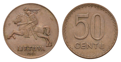 Литва 50 центов 1991 год-тип KM 90 бронза 4173-934