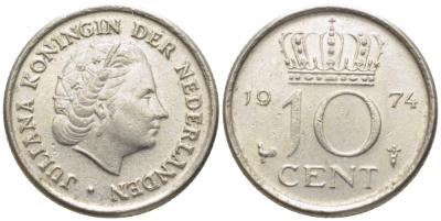 НИДЕРЛАНДЫ 10 ЦЕНТОВ 1974 ЮЛИАНА KM 182 никель 112-348