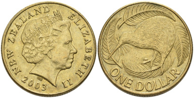 Новая Зеландия 1 доллар 2003 Елизавета II (1952-2022), птица киви  KM 120 алюминиевая бронза 51-1612