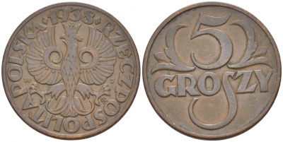 ПОЛЬША 5 ГРОШЕЙ 1938 w KM 10а бронза 112-1157
