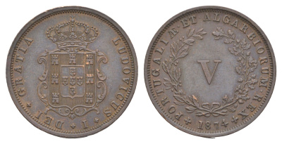 Португалия 5 реалов 1874 Луиш I (1861-1889) KM 513 медь 4127-644