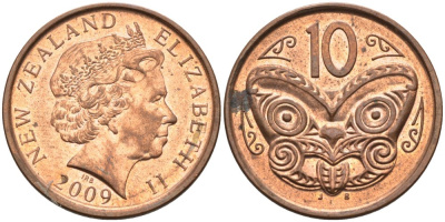 Новая Зеландия 10 центов 2009 маска Маори, Елизавета II (1952-) KM 117а сталь плакированная медью 4114-226