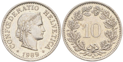 ШВЕЙЦАРИЯ 10 РАППЕНОВ 1989 В KM 27 медно-никель 55-527
