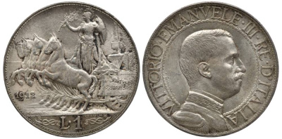 Италия 1 лира 1912 R, квадрига, Виктор Эммануил III (1900-1948) KM 45 серебро    1517-724