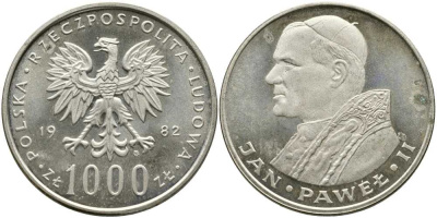 Польша 1000 злотых 1982 MW, визит папы Иоанна Павла II в Польшу KM 144, Parchimowicz 337a серебро 441-1145