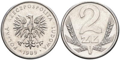 Польша 2 злотых 1989 MW, Народная Республика KM 80.3, Parchimowicz 219a алюминий UNC 4580-768
