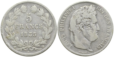 Франция 5 франков 1835 BB, Луи Филипп I (1830-1848) KM 749.3 серебро 1066-7-62
