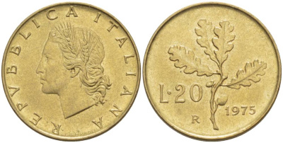 ИТАЛИЯ 20 ЛИР 1975 R, ДУБОВЫЕ ЛИСТЬЯ KM 97.2 алюминиевая бронза 4551-256