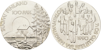 Финляндия 100 марок 1990 50 лет ассоциации ветеранов войны KM 67 серебро UNC 1525-1344