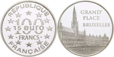 Франция 100 франков - 15 экю 1996 серия архитектурные монументы европы, Гран-Плас, историческая площадь в центре Брюсселя KM 1142 серебро PROOF 1085-9-53